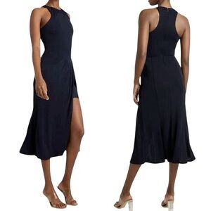 NEW Cinq à Sept Lezlie High Neck Side Slit Jersey Midi Dress Navy Blue